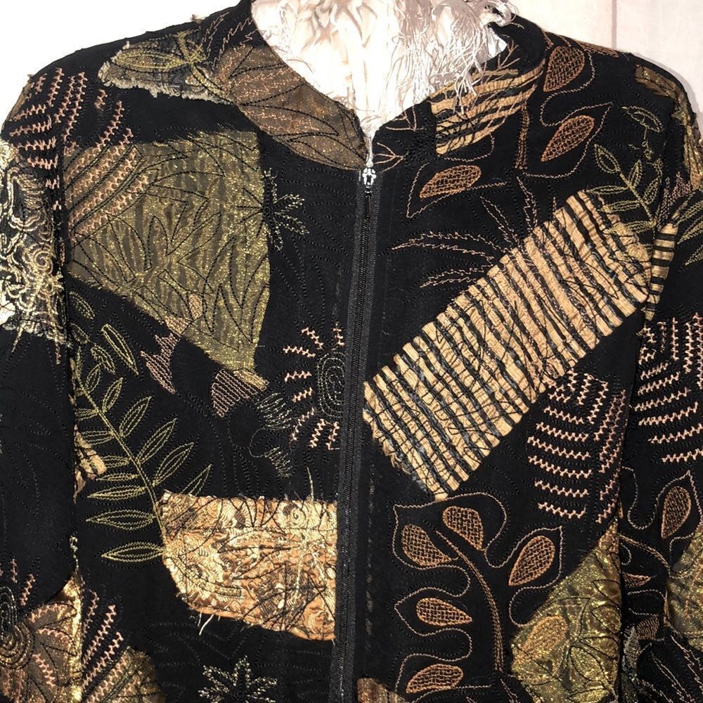 Chico’s L Black Green Gold Patchwork Embroidered Light Full Zip Jacket - Picture 3 of 15